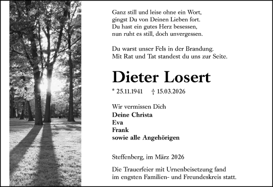 Traueranzeige von Dieter Losert von Hinterländer Anzeiger
