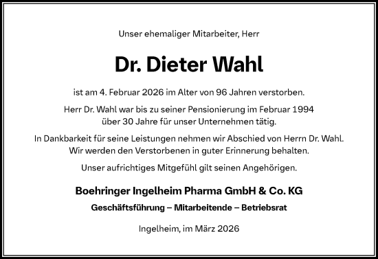 Traueranzeige von Dieter Wahl von Allgemeine Zeitung Rheinhessen-Nahe