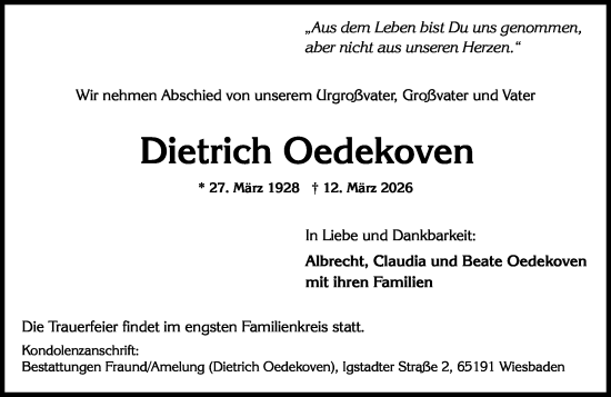 Traueranzeige von Dietrich Oedekoven von Wiesbadener Kurier