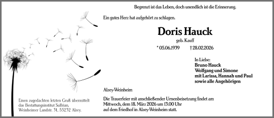 Traueranzeige von Doris Hauck von Allgemeine Zeitung Alzey