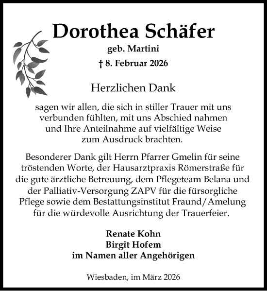 Traueranzeige von Dorothea Schäfer von Wiesbadener Kurier
