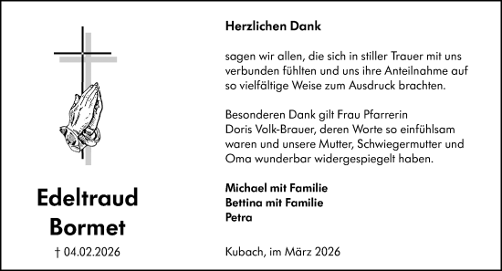 Traueranzeige von Edeltraud Bormet von Weilburger Tageblatt