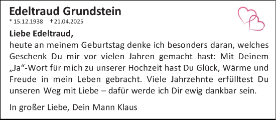 Traueranzeige von Edeltraud Grundstein von Allgemeine Zeitung Rheinhessen-Nahe