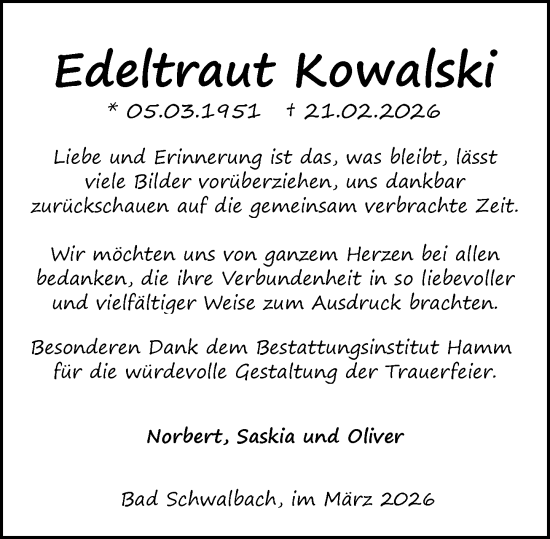 Traueranzeige von Edeltraut Kowalski von Idsteiner Land/Untertaunus