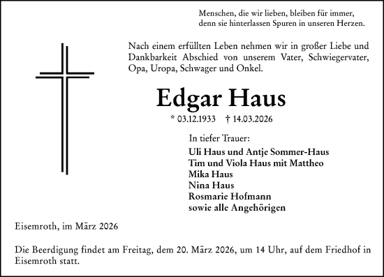 Traueranzeige von Edgar Haus von Dill Block