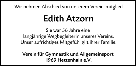 Traueranzeige von Edith Atzorn von Rheingau-Taunus-Kreis Wochenblatt