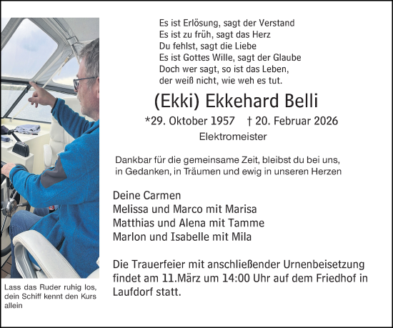Traueranzeige von Ekkehard Belli von Wetzlarer Neue Zeitung