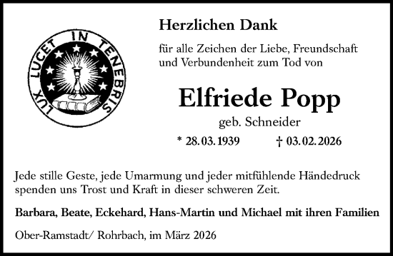 Traueranzeige von Elfriede Popp von Darmstädter Echo