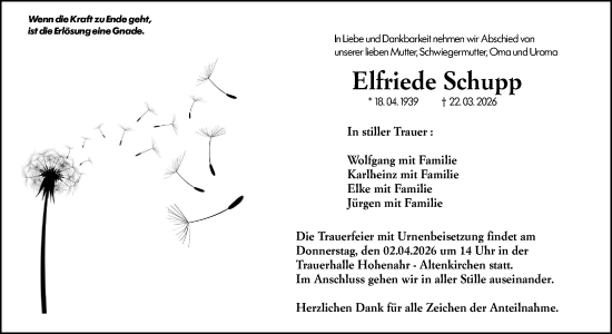 Traueranzeige von Elfriede Schupp von Wetzlarer Neue Zeitung