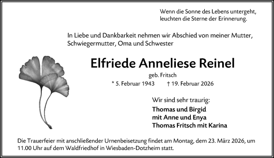 Traueranzeige von Elfriede Anneliese Reinel von Wiesbadener Kurier