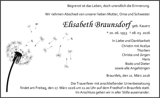 Traueranzeige von Elisabeth Braunsdorf von Wetzlarer Neue Zeitung