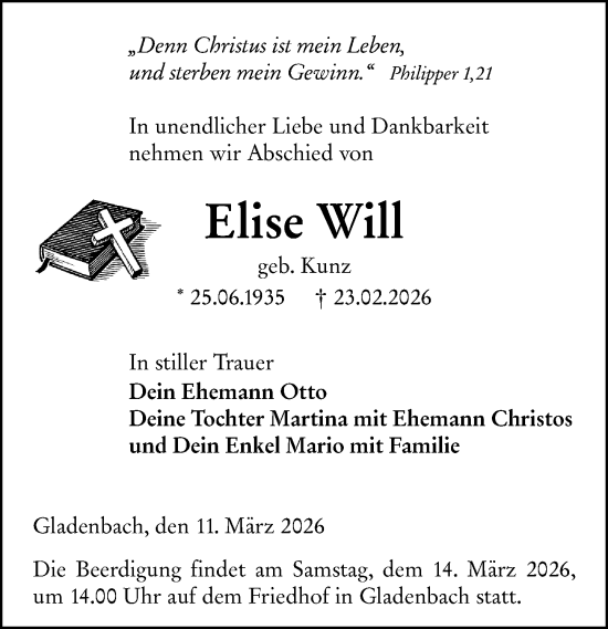 Traueranzeige von Elise Will von Hinterländer Anzeiger
