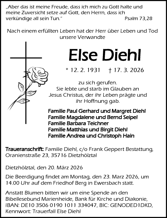 Traueranzeige von Else Diehl von Dill Block