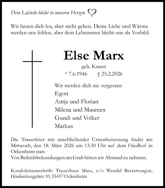Traueranzeige von Else Marx von Allgemeine Zeitung Rheinhessen-Nahe