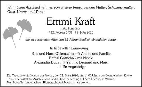 Traueranzeige von Emmi Kraft von Wiesbadener Kurier