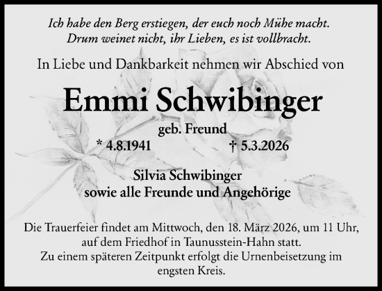 Traueranzeige von Emmi Schwibinger von Idsteiner Land/Untertaunus