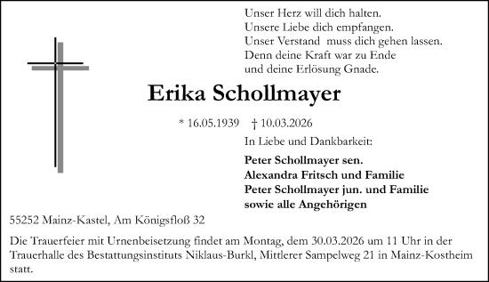 Traueranzeige von Erika Schollmayer von Allgemeine Zeitung Mainz