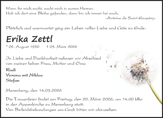 Traueranzeige von Erika Zettl von Weilburger Tageblatt