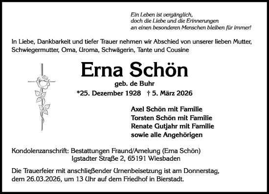 Traueranzeige von Erna Schön von Wiesbadener Kurier