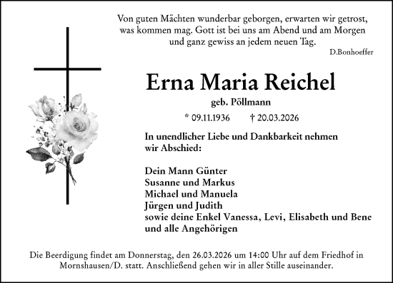 Traueranzeige von Erna Maria Reichel von Hinterländer Anzeiger