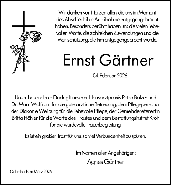 Traueranzeige von Ernst Gärtner von Weilburger Tageblatt