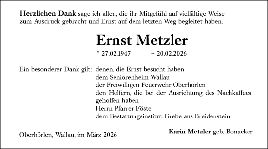Traueranzeige von Ernst Metzler von Hinterländer Anzeiger
