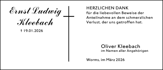 Traueranzeige von Ernst Ludwig Kleebach von Wormser Zeitung