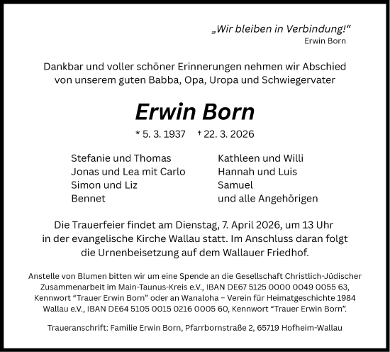 Traueranzeige von Erwin Born von Wiesbadener Kurier