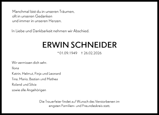 Traueranzeige von Erwin Schneider von Wetzlarer Neue Zeitung