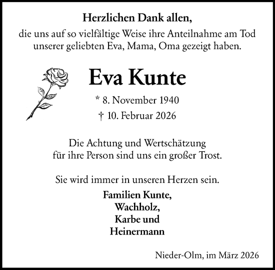 Traueranzeige von Eva Kunte von Allgemeine Zeitung Mainz
