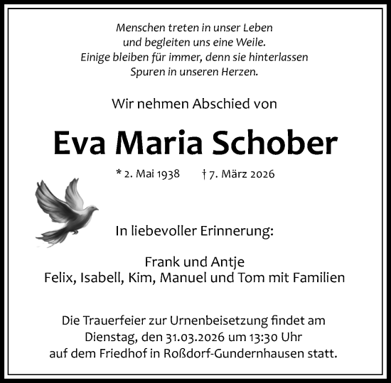 Traueranzeige von Eva Maria Schober von Dieburger Anzeiger/Groß-Zimmerner Lokal-Anzeiger