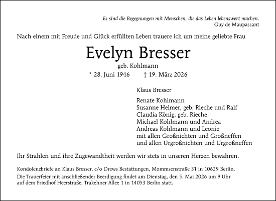 Traueranzeige von Evelyn Bresser von Wiesbadener Kurier