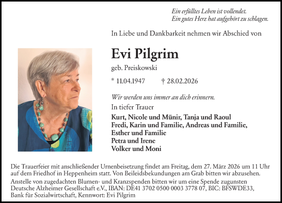 Traueranzeige von Evi Pilgrim von Starkenburger Echo