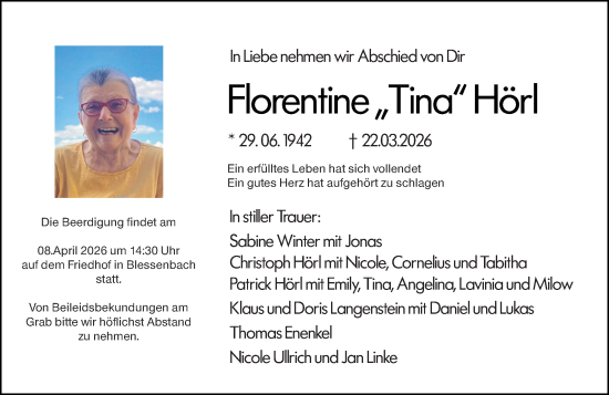 Traueranzeige von Florentine Hörl von Weilburger Tageblatt