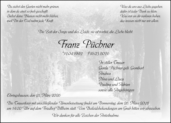 Traueranzeige von Franz Püchner von Wetzlarer Neue Zeitung