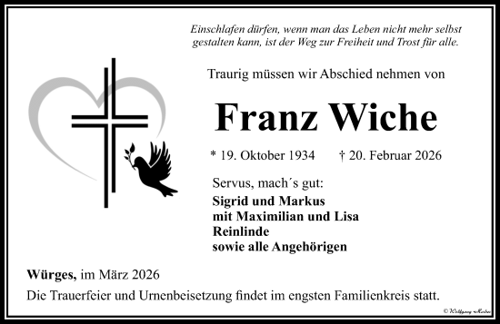 Traueranzeige von Franz Wiche von Camberger Anzeiger