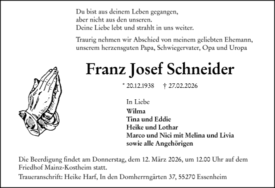 Traueranzeige von Franz Josef Schneider von Allgemeine Zeitung Mainz