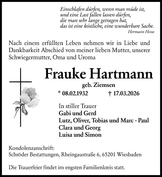 Traueranzeige von Frauke Hartmann von Wiesbadener Kurier