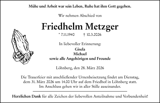 Traueranzeige von Friedhelm Metzger von Weilburger Tageblatt