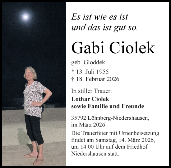 Traueranzeige von Gabi Ciolek von Weilburger Tageblatt