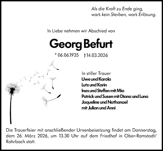 Traueranzeige von Georg Befurt von Darmstädter Echo
