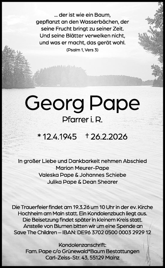 Traueranzeige von Georg Pape von Rüsselsheimer Echo