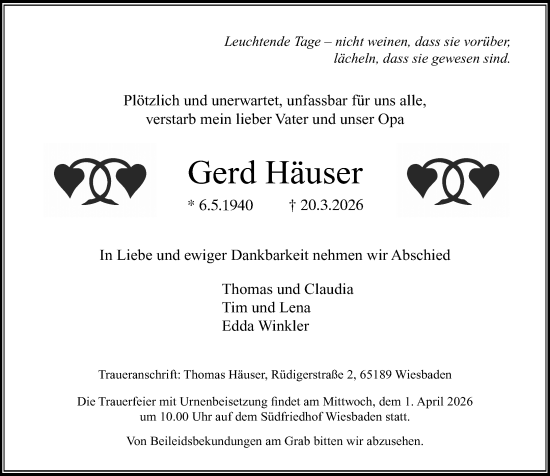 Traueranzeige von Gerd Häuser von Wiesbadener Kurier