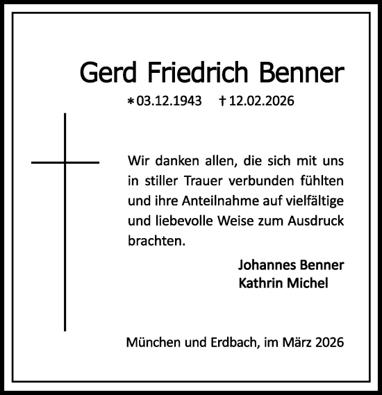 Traueranzeige von Gerd Friedrich Benner von Dill Block