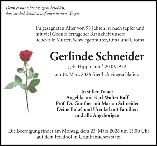 Traueranzeige von Gerlinde Schneider von Wetzlarer Neue Zeitung