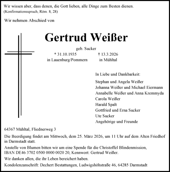 Traueranzeige von Gertrud Weißer von Darmstädter Echo