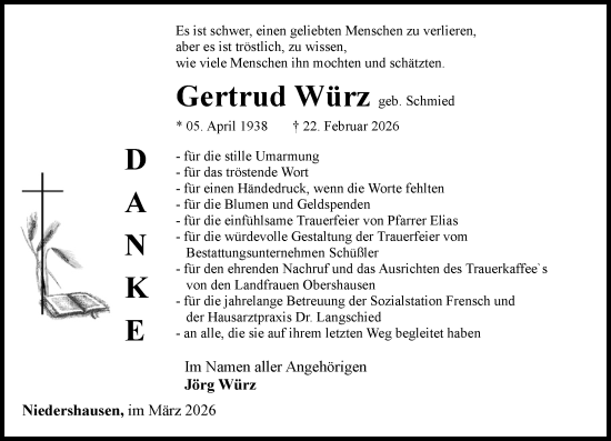 Traueranzeige von Gertrud Würz von Weilburger Tageblatt