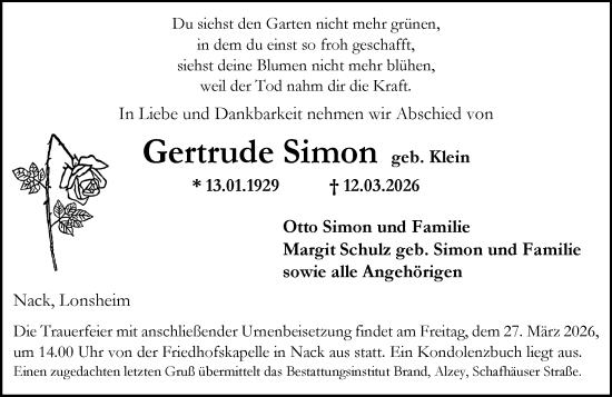Traueranzeige von Gertrude Simon von Allgemeine Zeitung Alzey