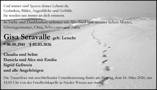 Traueranzeige von Gisa Seravalle von Allgemeine Zeitung Mainz