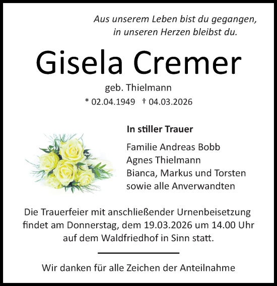 Traueranzeige von Gisela Cremer von Dill Block